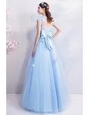 Fairy Blue Long Tulle Prom Dress A Line With Butterflies Cap Sleeves