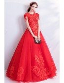 Formal Red Appliques Ball Gown Prom Dress With Keyhole Back