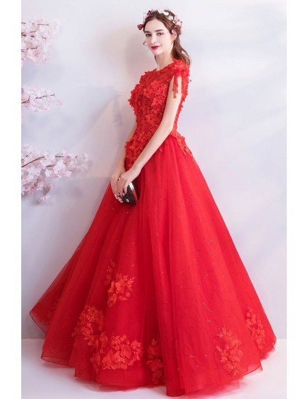 Formal Red Appliques Ball Gown Prom Dress With Keyhole Back