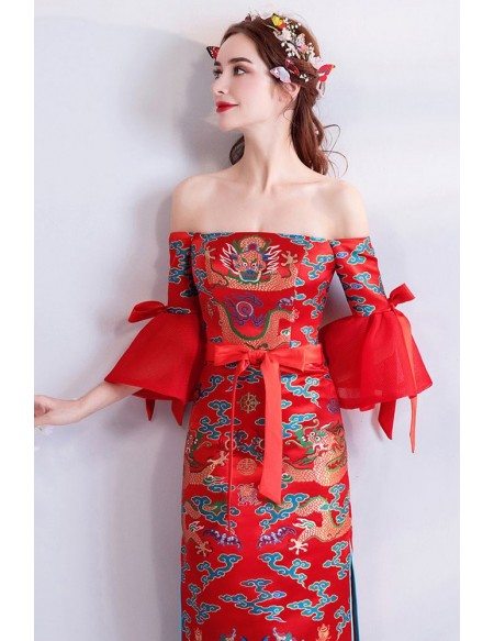 Unique Chinese Dragon Totem Formal Party Dress Off Shouler Sleeves