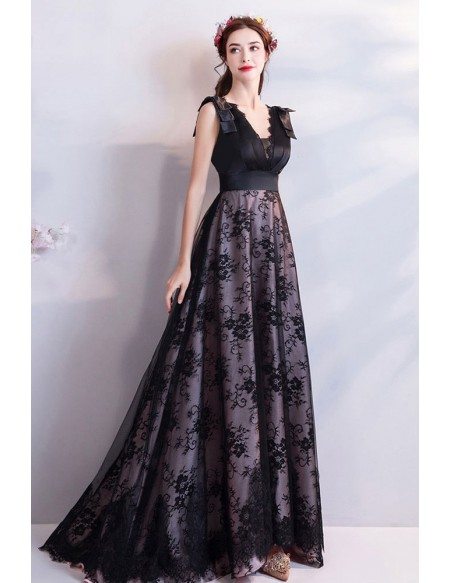 Elegant Formal Long Black Lace Prom Dress A Line Sleeveless