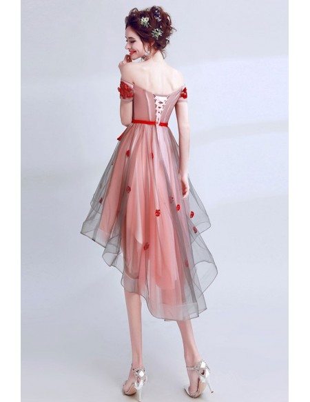 Cute Red Petals Short Tulle Prom Party Dress With Off Shoulder