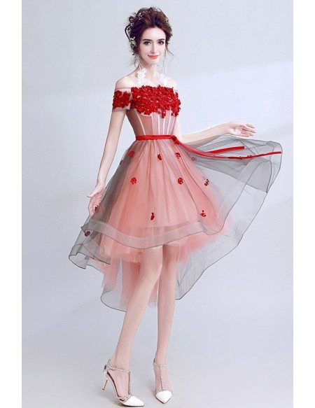 Cute Red Petals Short Tulle Prom Party Dress With Off Shoulder