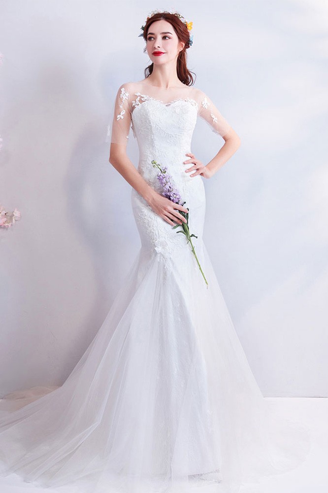 Pretty Sheer Neckline Fitted Mermaid Wedding Dress With Train Wholesale ...