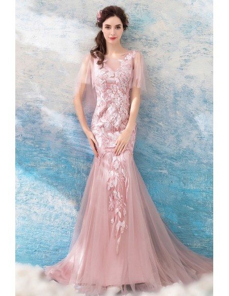 Charming Pink Lace Mermaid Tight Prom Dress With Cape Sleeves