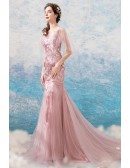 Charming Pink Lace Mermaid Tight Prom Dress With Cape Sleeves