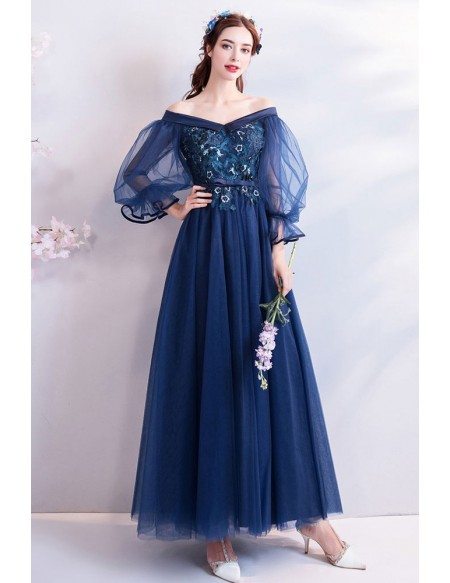 Navy Blue Off Shoulder Maxi Long Tulle Prom Dress With Sleeves