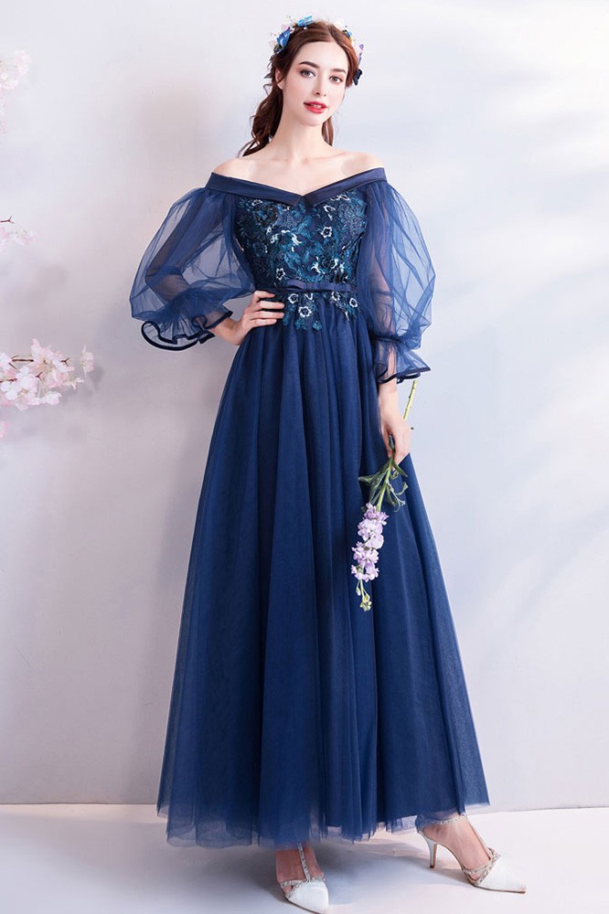 Navy Blue Off Shoulder Maxi Long Tulle Prom Dress With Sleeves ...
