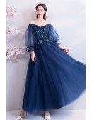 Navy Blue Off Shoulder Maxi Long Tulle Prom Dress With Sleeves