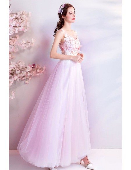 Flowy Peachy Pink Tulle Long Prom Dress Sleeveless With Butterflies