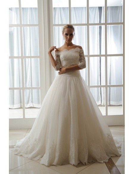 Ball-Gown Strapless Court Train Tulle Wedding Dress With Appliques Lace Wraps