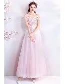 Flowy Peachy Pink Tulle Long Prom Dress Sleeveless With Butterflies
