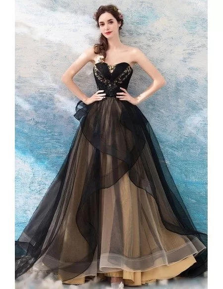 Fancy Black Ruffles Ball Gown Tulle Formal Dress Strapless