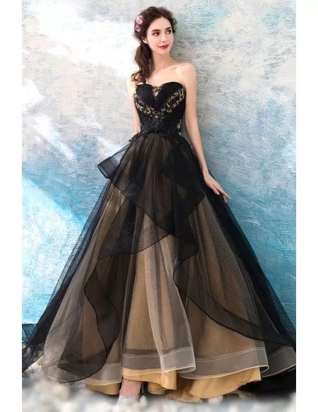 Fancy Black Ruffles Ball Gown Tulle Formal Dress Strapless