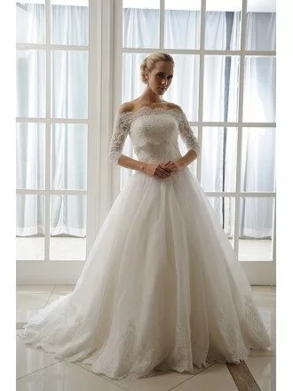 Ball-Gown Strapless Court Train Tulle Wedding Dress With Appliques Lace Wraps