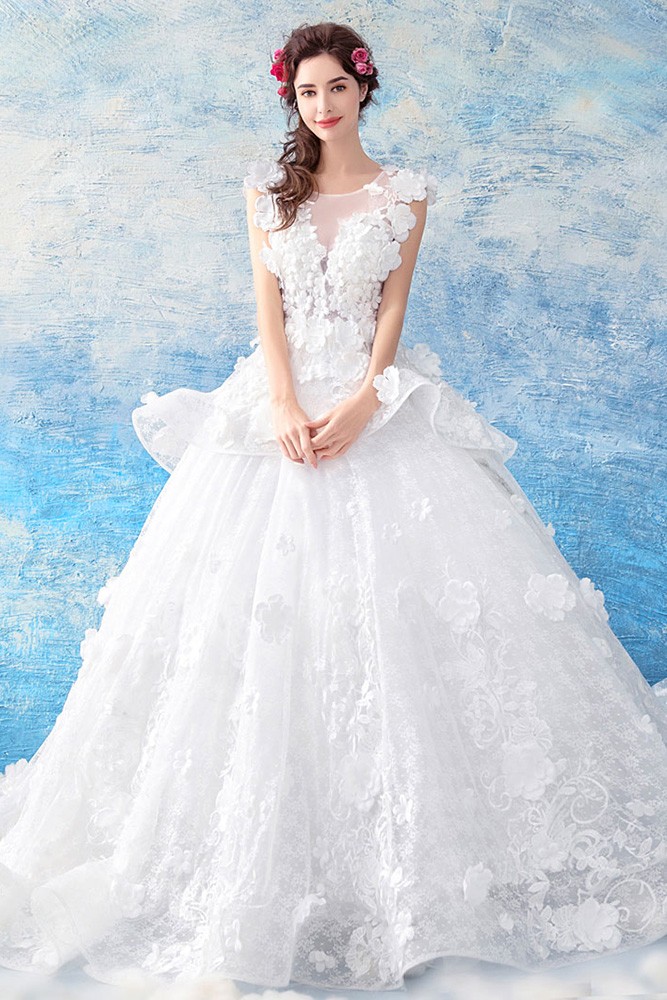 Dreamy Flowers Big Ball Gown Wedding Dress Sleeveless Wholesale #T69252 ...