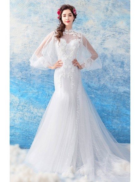 Charming Mermaid Long Tulle Slim Wedding Dress With Long Sleeves