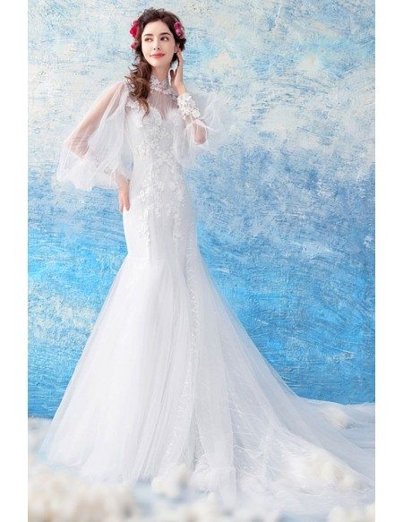 Charming Mermaid Long Tulle Slim Wedding Dress With Long Sleeves