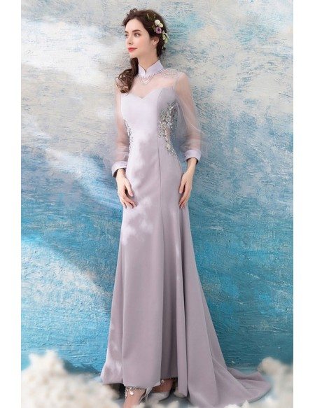 Classy Long Grey Satin Formal Dress With Sheer Long Sleeves
