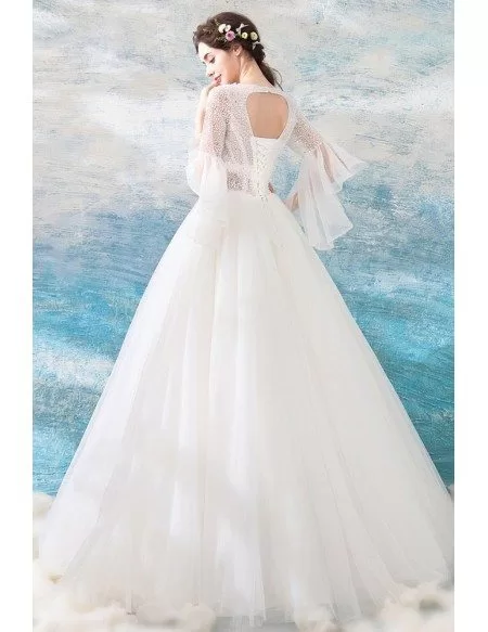 Special Sheer Top Ball Gown Wedding Dress With Bling Bell Sleeves