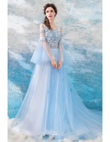 Fairy Blue Long Tulle Flowers Prom Dress A Line With Sleeves