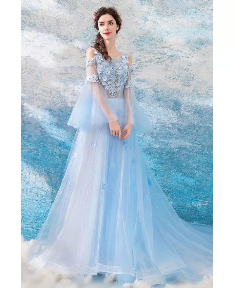 Fairy Blue Long Tulle Flowers Prom Dress A Line With Sleeves Wholesale ...