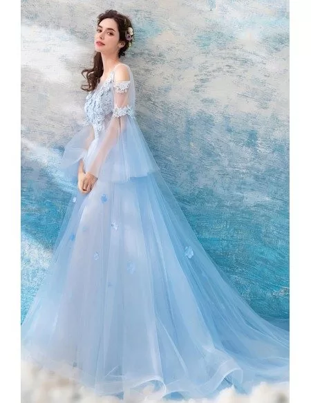 Fairy Blue Long Tulle Flowers Prom Dress A Line With Sleeves