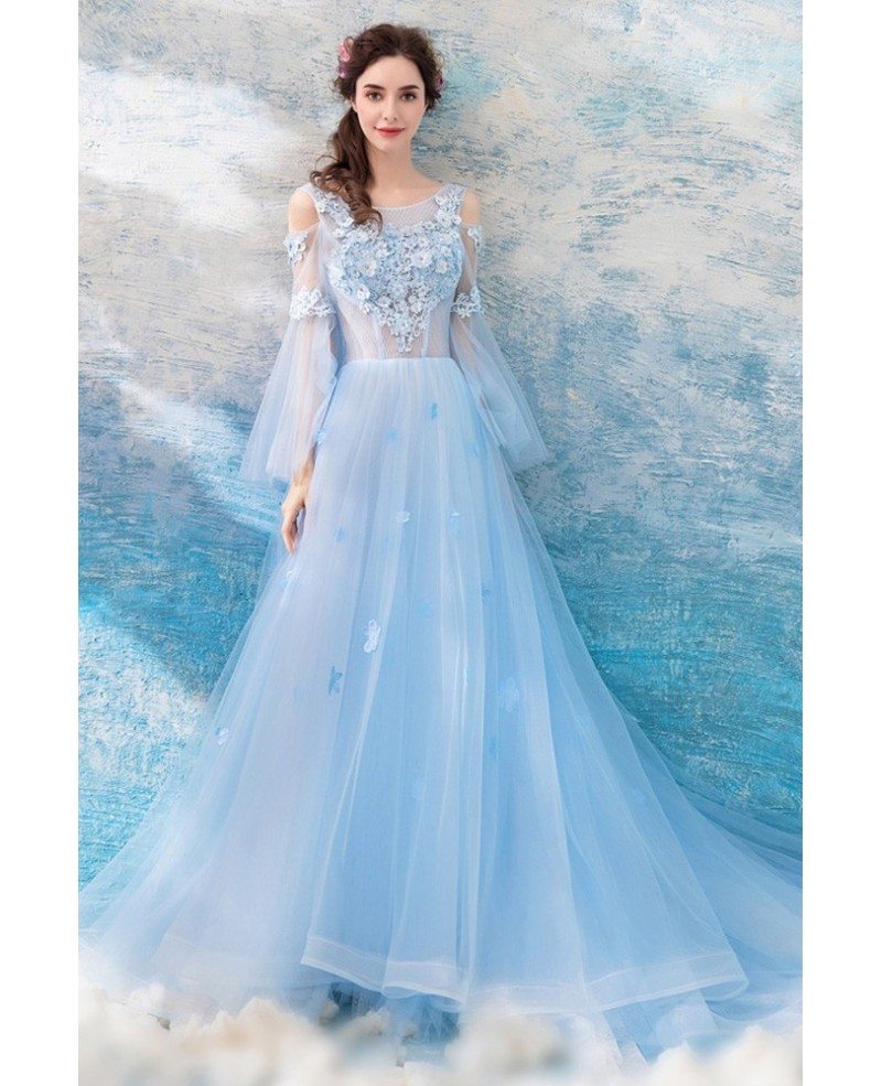 Long Tulle Flowers Prom Dress A Line 