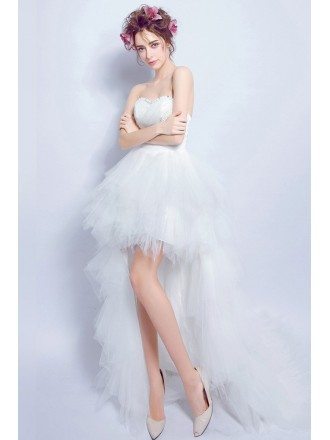 Chic High Low Tulle Wedding Dress Strapless With Beading
