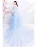 Blue Fairytale Long Tulle Prom Dress Flowy With Cape Sleeves