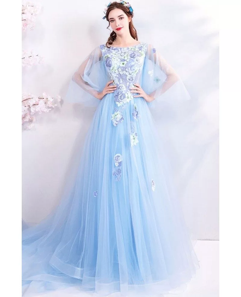 Blue Fairytale Long Tulle Prom Dress Flowy With Cape Sleeves Wholesale ...
