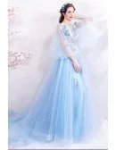 Blue Fairytale Long Tulle Prom Dress Flowy With Cape Sleeves