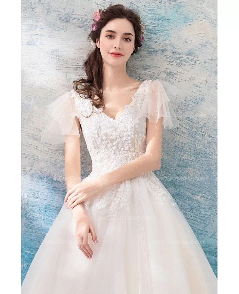 Fancy Lace Trim V-neck Tulle Wedding Dress With Sleeves Wholesale # ...