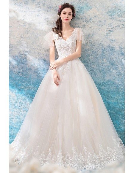 Fancy Lace Trim V-neck Tulle Wedding Dress With Sleeves