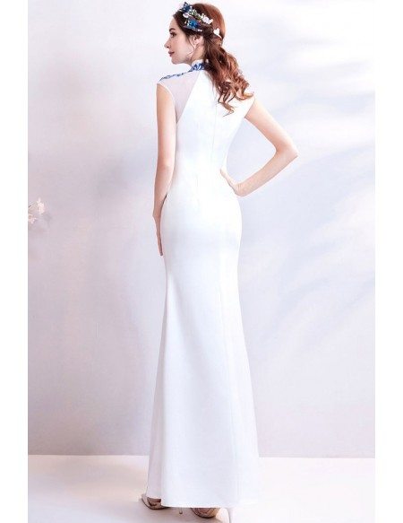 Retro Cheongsam White With Blue Tight Formal Dress With Embroidery
