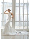 Mermaid Halter Chapel Train Tulle Wedding Dress With Beading Appliques Lace