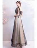 Vintage Long Black Tulle Empire Prom Dress With Lace Sleeves