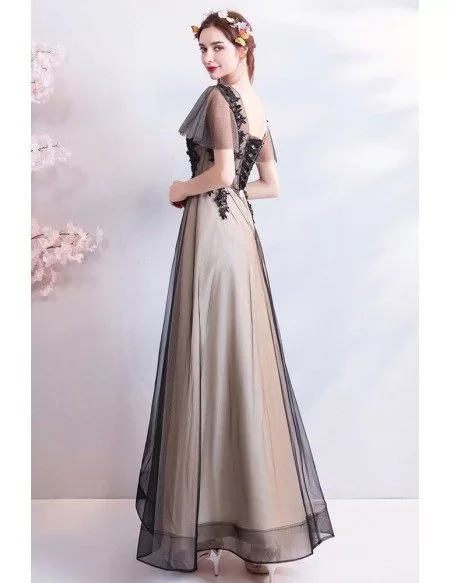 Vintage Long Black Tulle Empire Prom Dress With Lace Sleeves