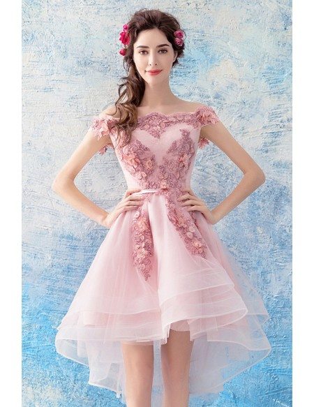Cute Pink Tulle Lace High Low Prom Dress Short Off Shoulder