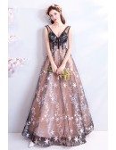 Sexy V-neck Black Tulle Long A Line Prom Dress With Stars
