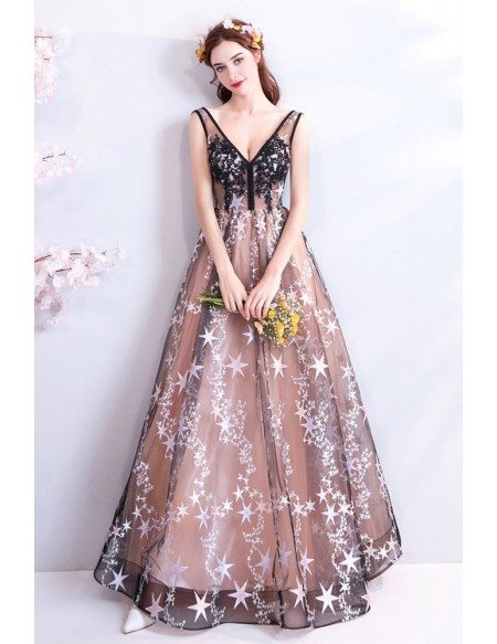 Sexy V-neck Black Tulle Long A Line Prom Dress With Stars
