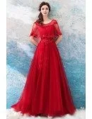 Long Red A Line Elegant Tulle Wedding Party Dress With Cape