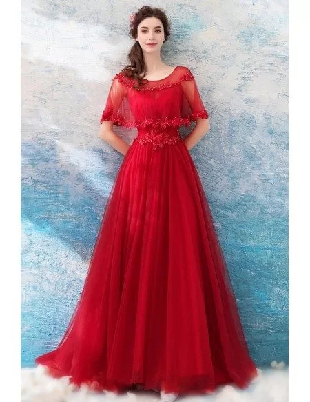 Long Red A Line Elegant Tulle Wedding Party Dress With Cape