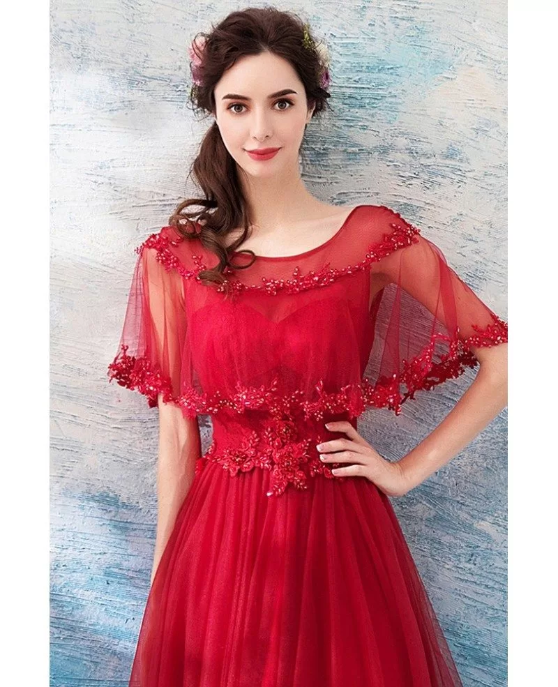 Long Red A Line Elegant Tulle Wedding Party Dress With Cape Wholesale # ...