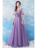 Elegant Purple Long Tulle Prom Formal Dress With Beaded Cape
