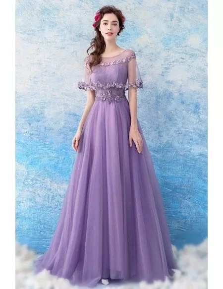 Elegant Purple Long Tulle Prom Formal Dress With Beaded Cape