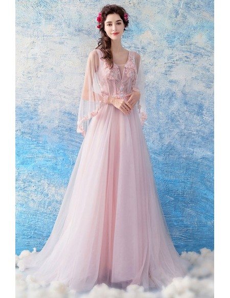 Fairy Pink Tulle Floral Cape Long Prom Dress A Line