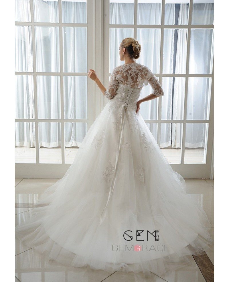 Ball Gown Strapless Court Train Tulle Wedding Dress With Beading Appliques Lace Wraps Gm3038