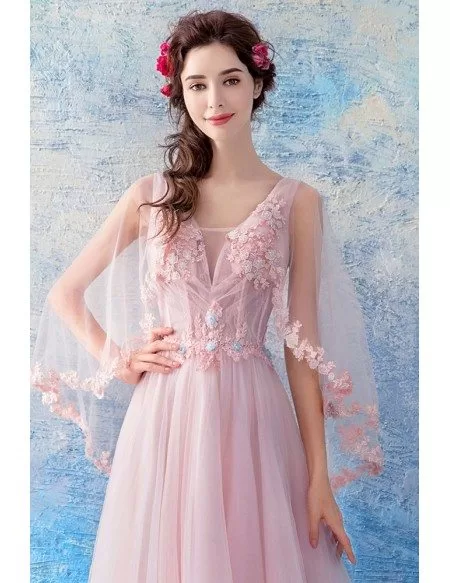 Fairy Pink Tulle Floral Cape Long Prom Dress A Line