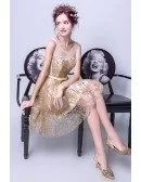 Sparkly Gold Shinning Short Party Dress With Keyhole Back